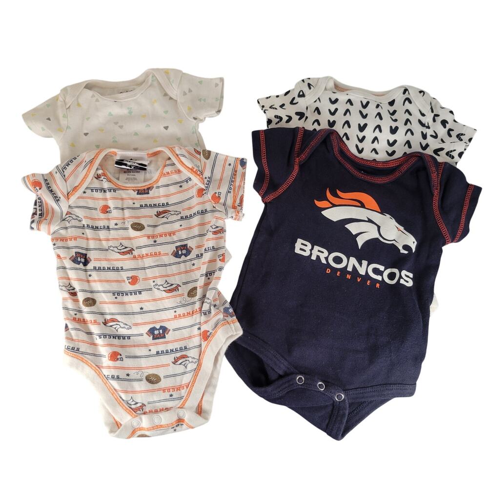 Baby 0-3M Bodysuit Lot of 4 NFL Denver Broncos & Patterned Football Blue Orange